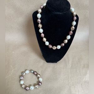 Faux Pearl Multicolour Necklace and Bracelet Set with Magnetic Closure